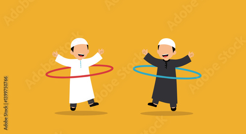 Two Men Playing With Hula Hoops Against Orange Background Pixel Art Illustration