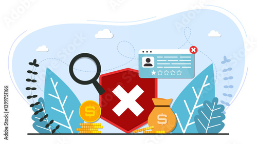 Error and attention background template. Design elements, user page, money coin and dandruff. Backdrop with leafs. Design for wallpaper, web, background, banner. Flat cartoon style design.