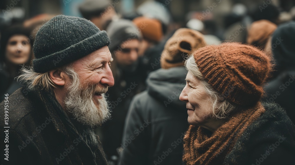 An elderly couple smiles warmly at each other amidst a blurred crowd of people on a chilly day. An elderly couple smiles warmly at each other amidst a blurred crowd of people on a chilly day.