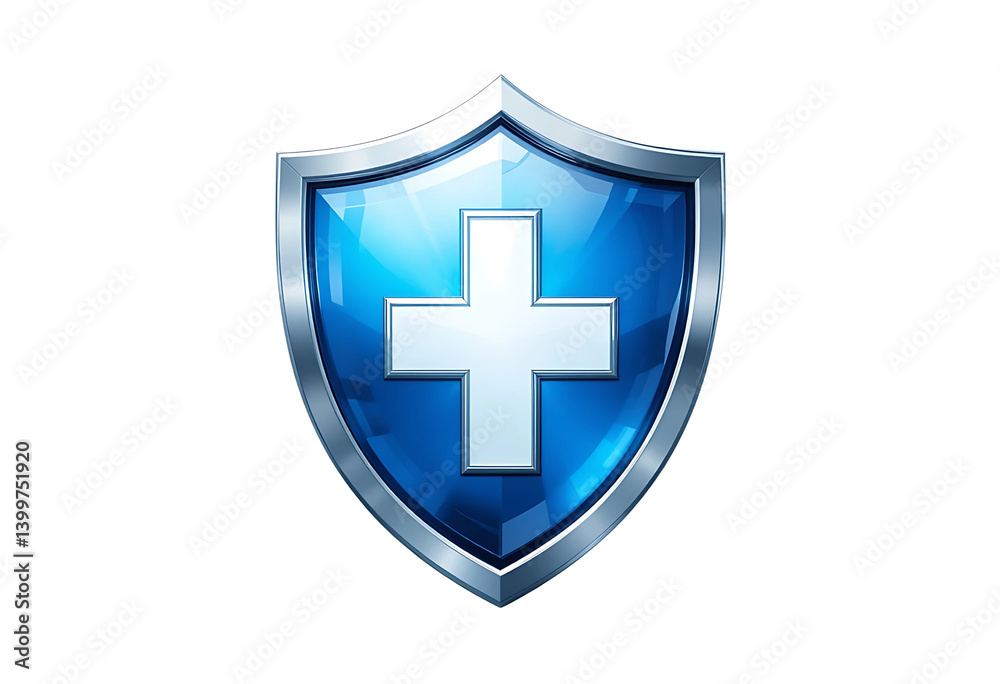 Medical shield icon with cross in the center, glossy blue and white design, transparent background Medical shield icon with cross in the center, glossy blue and white design, transparent background