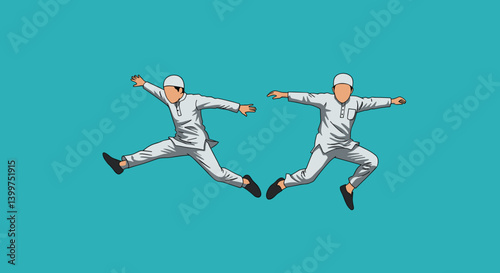 Two Pixelated Figures Jumping In Midair With White Outfits on Teal Background In Graphic Vector Style