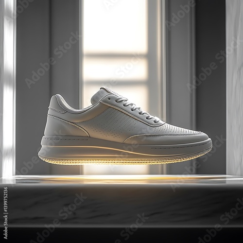 A minimalist white sneaker suspended in mid-air with a soft golden glow, placed against a clean monochrome background, emphasizing texture and modern fashion