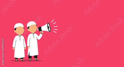 Two Pixelated Men Wearing White Traditional Clothing With a Megaphone on a Pink Background