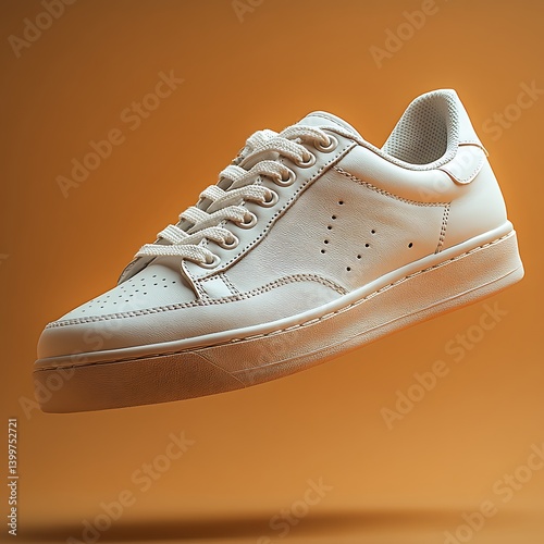 A minimalist white sneaker suspended in mid-air with a soft golden glow, placed against a clean monochrome background, emphasizing texture and modern fashion