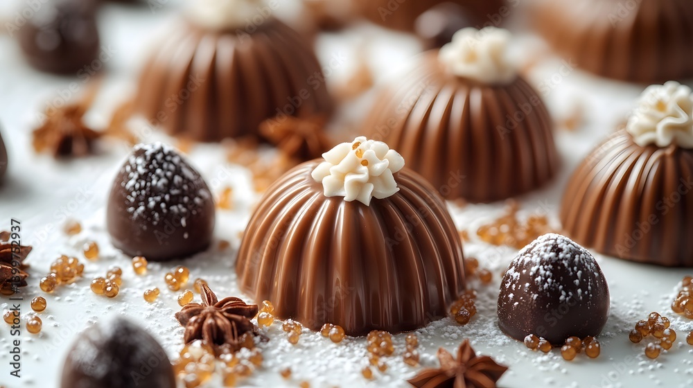 Meticulously Styled Display of Caramel Chocolate Morsels on a Stark White Canvas Exuding Luxurious Dessert Delight Meticulously Styled Display of Caramel Chocolate Morsels on a Stark White Canvas Exuding Luxurious Dessert Delight