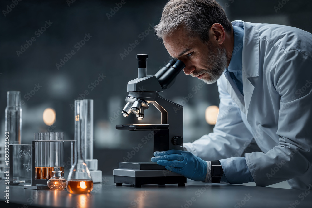 Examining sample under microscope in medical laboratory Examining sample under microscope in medical laboratory