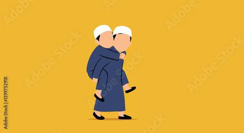 Two Young Muslim Men Carrying Each Other On Backs In Pixelated Vector Illustration With Yellow Background