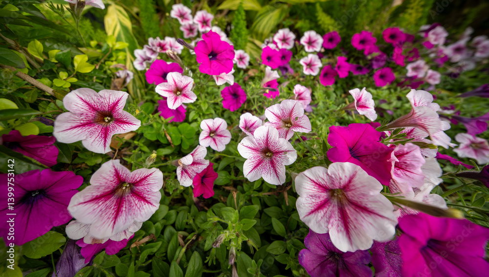 Vibrant Summer Garden: Colorful Petunias in Full Bloom Vibrant Summer Garden: Colorful Petunias in Full Bloom