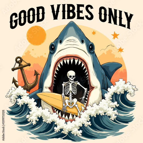 Shark Eats Skeleton Surfer, Good Vibes Only Art