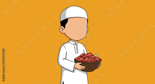 Vector Illustration Of A Moslem Boy In White Holding A Bowl Of Dates Against An Orange Background