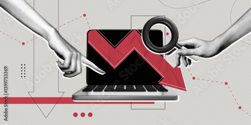 Trendy Halftone Collage Laptop with downward arrow symbol of financial problems, business failure and falling trading market. Hand with magnifier analyzes stocks. Contemporary vector illustration art