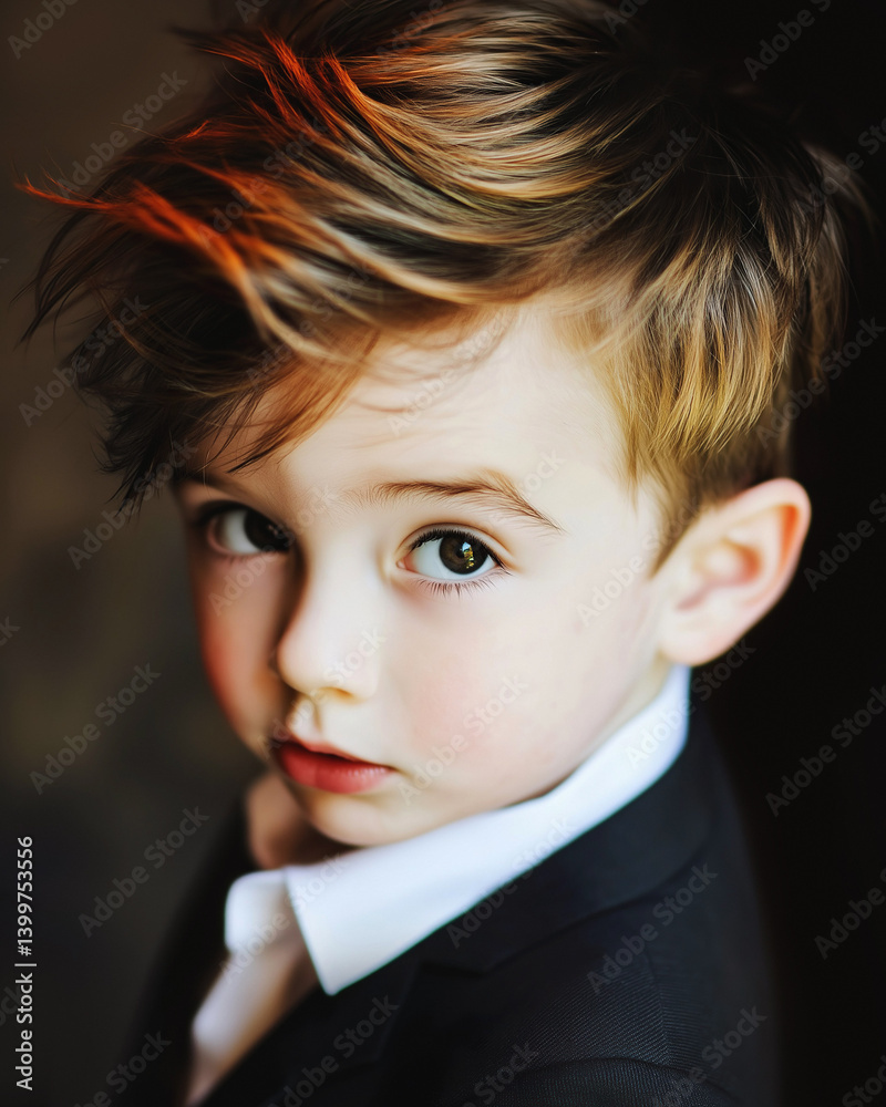 Elegant Caucasian toddler in black suit on dark background.