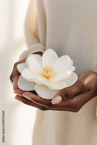 White lotus in woman's hands.