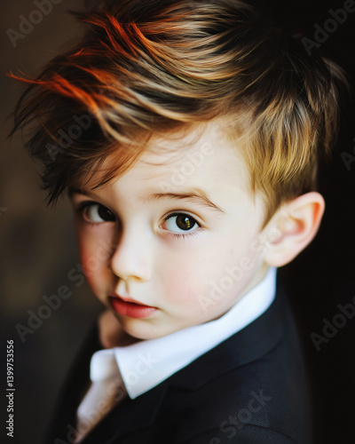 Obraz na płótnie Elegant Caucasian toddler in black suit on dark background. w salonie