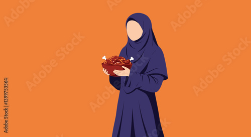 Vector Illustration of a Moslem Woman in Blue Dress Holding a Brown Basket Against an Orange Background