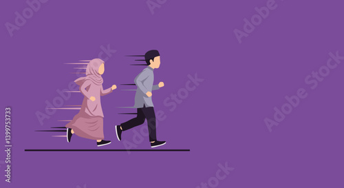 Vector Illustration of a Muslim Couple Running in Pixelated Style on a Purple Background with Dynamic Movement and Speed