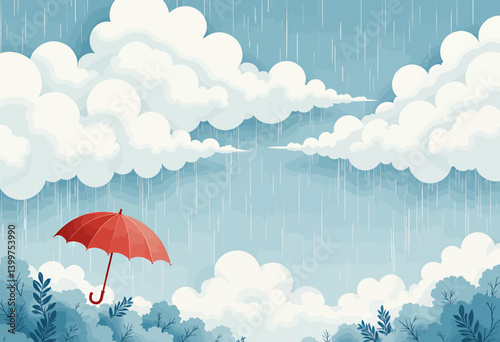 Obraz na płótnie Red Umbrella in Cloudy Blue Rainy Landscape w salonie