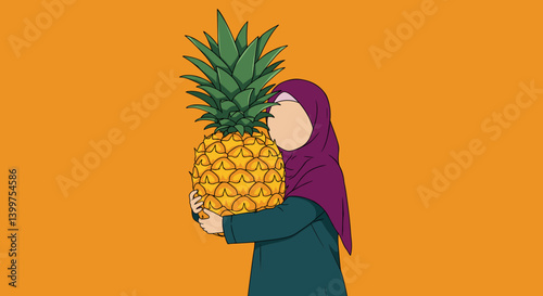 Vector Illustration of a Woman in Hijab Holding a Large Ripe Pineapple with a Bright Orange Background