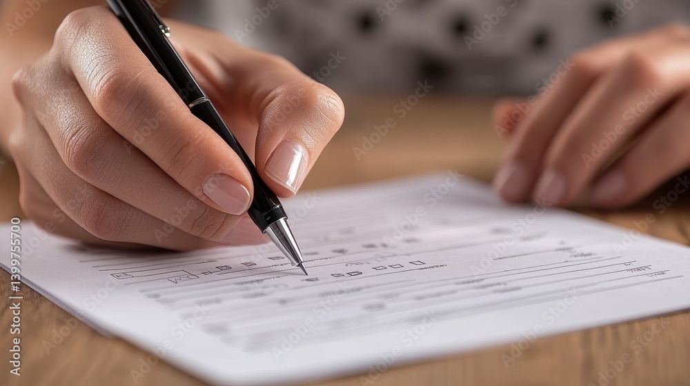 Fototapeta premium Female hand completing a form with a pen on a wooden desk
