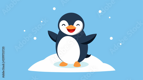 Snowy Celebration A delighted penguin standing on a small snowbank its head tilted back and mouth open in a hearty laugh. The penguins flippers are raised above its head and small