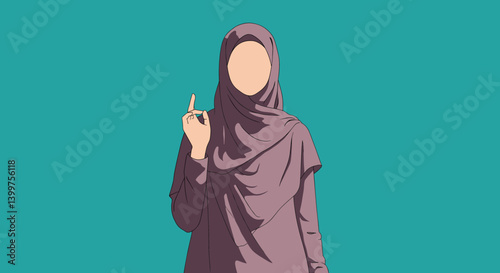 Vector Portrait Of A Young Muslim Woman With Hijab Pointing On Teal Background In Studio