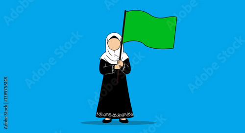 Woman In Black Dress Holds Green Flag On Blue Background In Vector Illustration