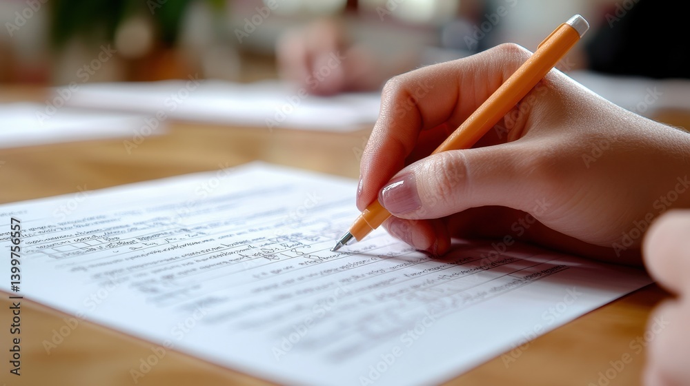 Handwriting with orange pen on printed document Handwriting with orange pen on printed document