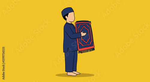 Young Moslem Man In Blue Holding Prayer Mat Against Yellow Background Vector Illustration