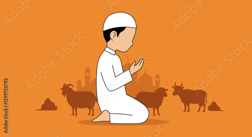 Young Muslim Boy Kneeling in Prayer with Animals Silhouettes and Mosque on Orange Background in Vector Art