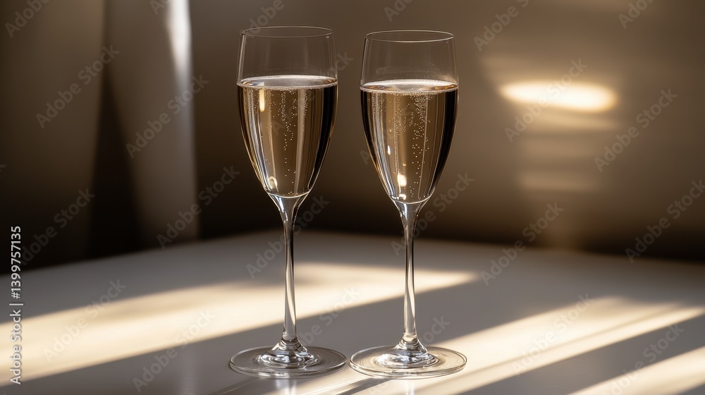 Two elegant glasses of sparkling champagne in sunlit setting Two elegant glasses of sparkling champagne in sunlit setting