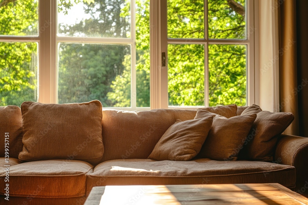 Sunlit Sofa by the Window: Peaceful Home Interior Sunlit Sofa by the Window: Peaceful Home Interior