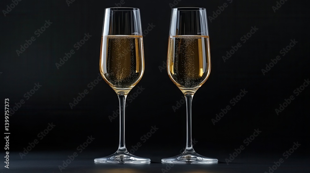 Two elegant champagne flutes with bubbly beverage on black background Two elegant champagne flutes with bubbly beverage on black background