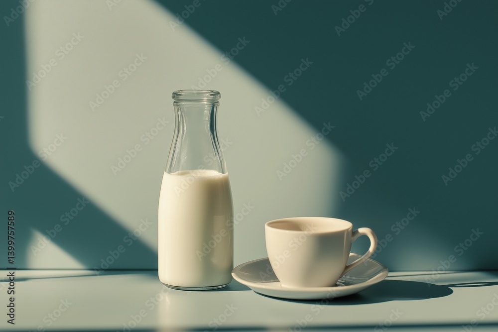Bottle of milk and coffee cup on sunlit surface with shadows Bottle of milk and coffee cup on sunlit surface with shadows