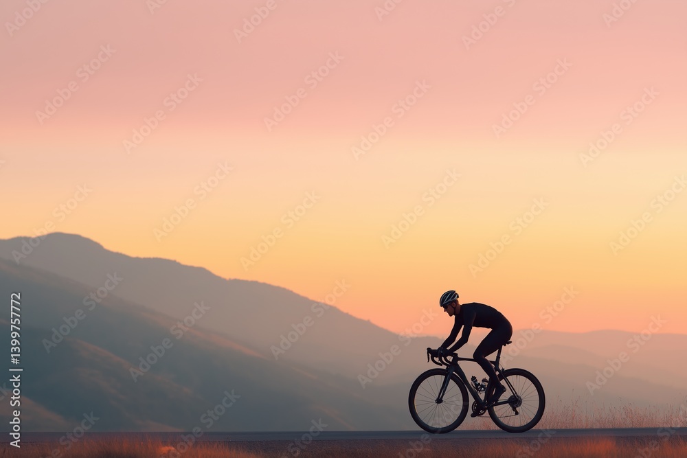 Obraz premium Silhouette of cyclist at sunrise against mountain landscape