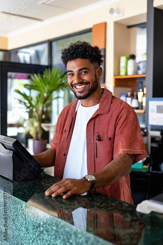 Smiling young african male cashier in retail environment