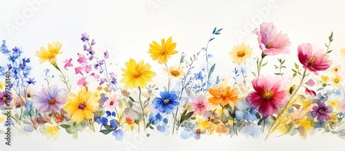 Fototapeta Naklejka Na Ścianę i Meble -  Watercolor wildflower meadow border; nature, spring