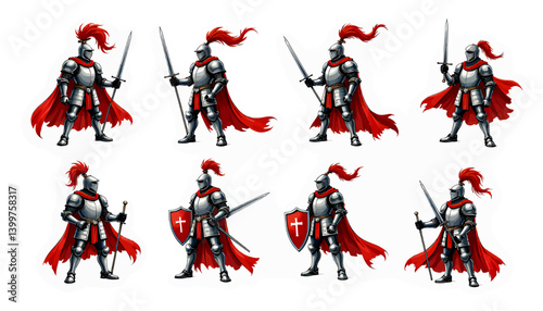 Knights in shining armor with red plumes and capes set