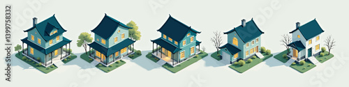 Isometric teal houses with Asian-inspired architecture
