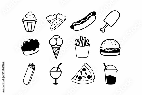 Editable Stroke Collection of Culinary Icons: Meat, Fruits, and Desserts