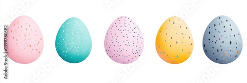 A row of five eggs with different colors and patterns. The eggs are all different sizes and are placed next to each other