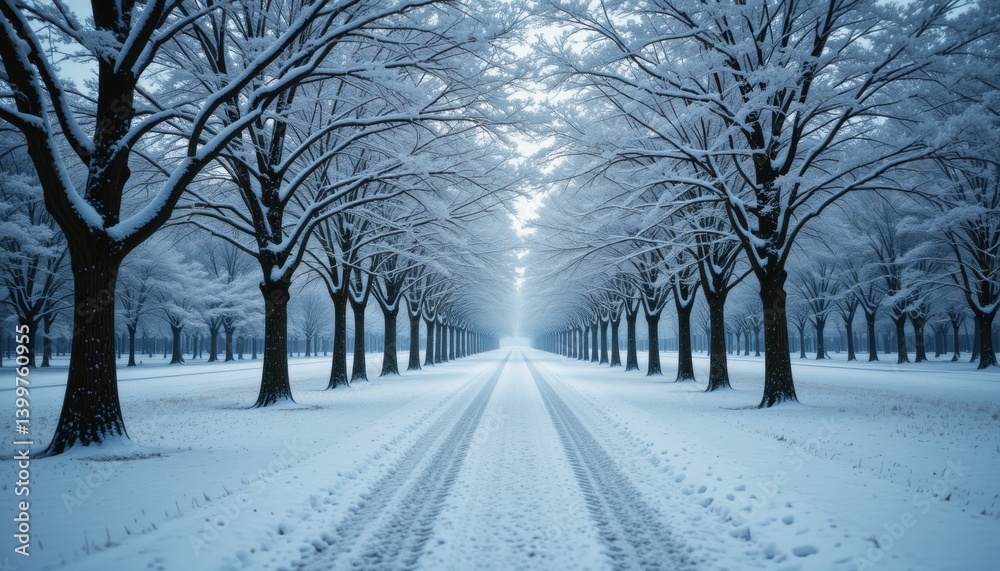 Snow-laden trees lining a road, leading into hazy winter distance. Snow-laden trees lining a road, leading into hazy winter distance.