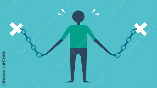 Breaking the Chains An individual stands confidently using a pair of broken chains as a symbol of liberation. Their posture is strong and they are smiling signifying freedom from