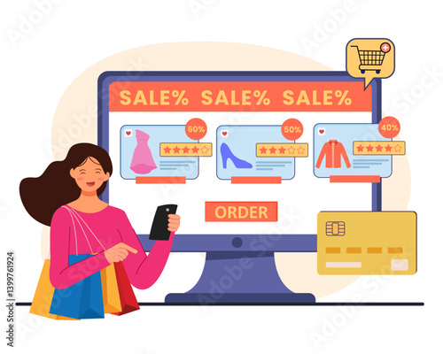 Young woman using mobile phone for ordering new clothing online shopping home delivery vector illustration