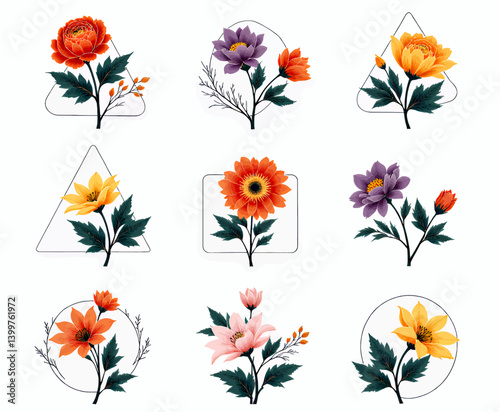 Obraz na płótnie Floral geometric collection with orange, pink, purple, and yellow flowers w salonie