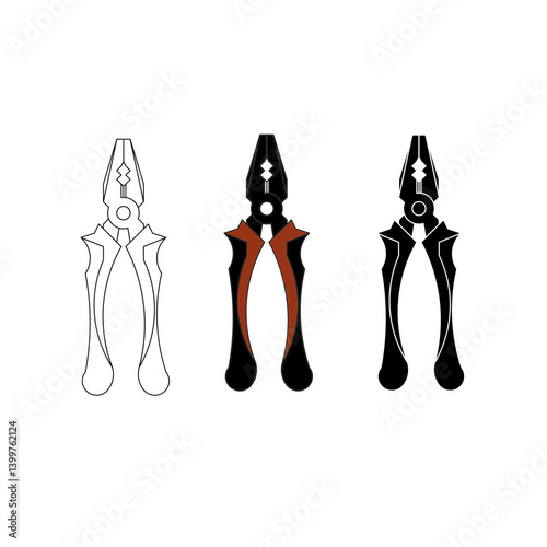 A set of pliers icons presented in three visual styles: outline, colored, and solid black. Ideal for illustrating general hand tools, mechanical work, or repair themes in both digital and print conten