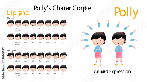 A annoyed girl cartoon character creation set with lip sync and hand gesture. Annoyed girl cartoon character front and 1/3 standing pose.

