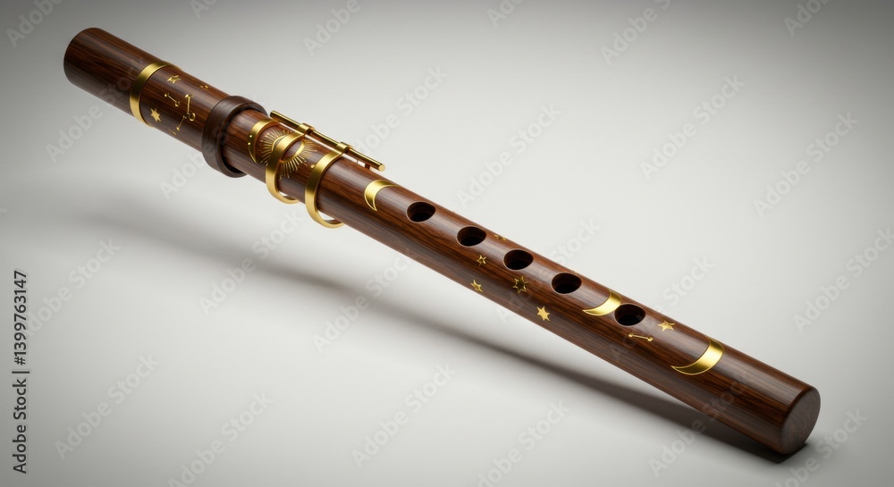 Fototapeta premium Elegant wooden flute with intricate golden designs, resting on a neutral background, showcasing craftsmanship - flute wood