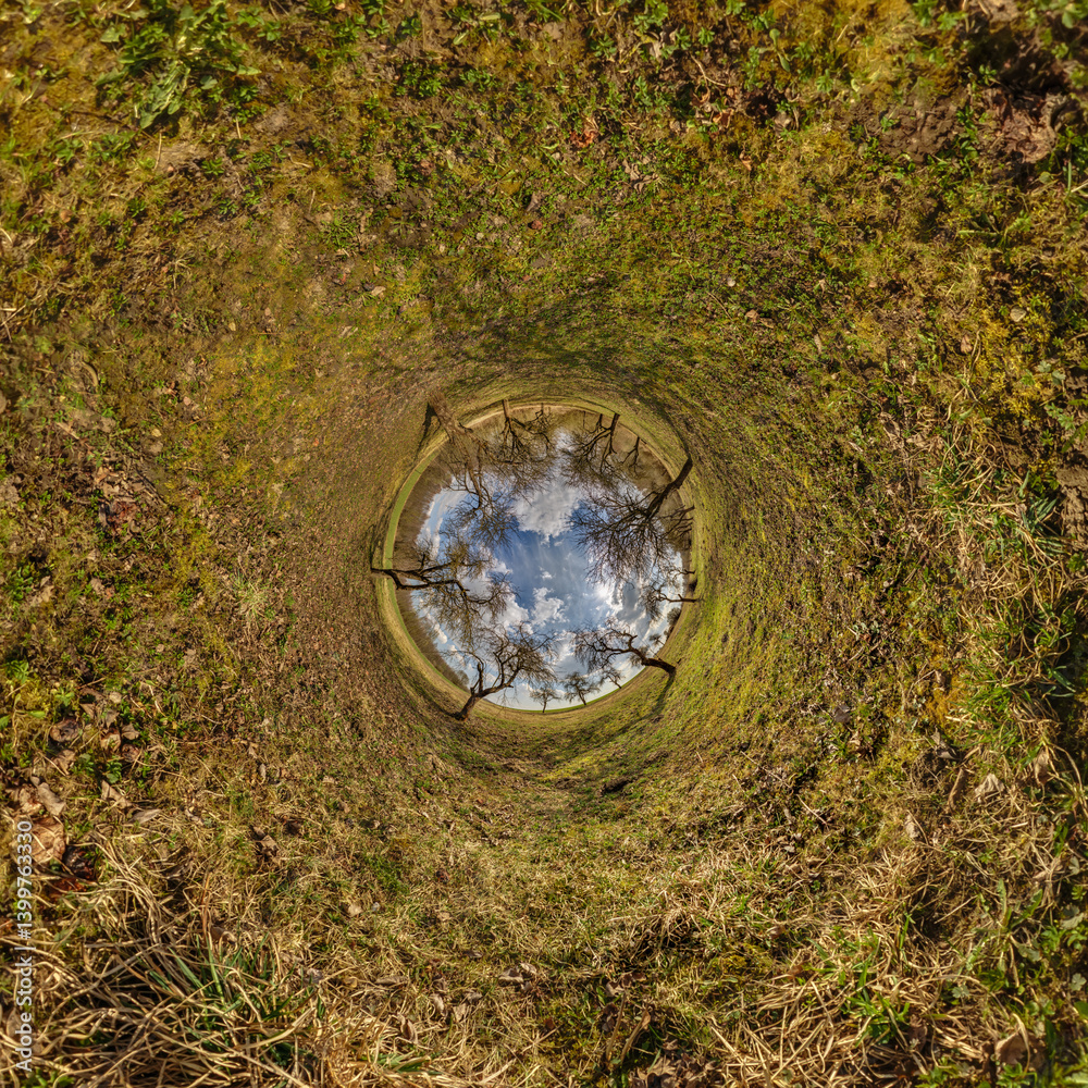 blue hole sphere or globe little planet inside grass or sand or dry ground frame background with tractor tracks