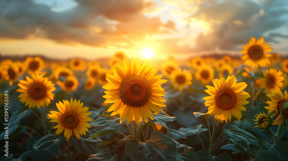 Fototapeta premium Sunflower, Field, Sunset, Landscape Landscape Wallpaper Background for Desktop, Mobile, Website, Prints