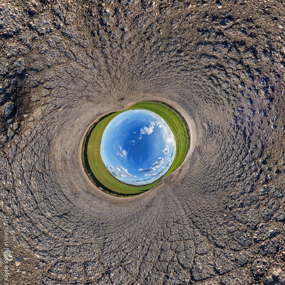 blue hole sphere or globe little planet inside grass or sand or dry ground frame background with tractor tracks
